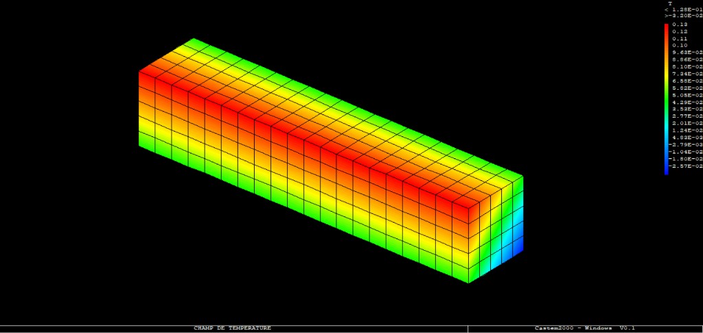 3D Cast3M temperature field visualization of a twisted parallelepiped