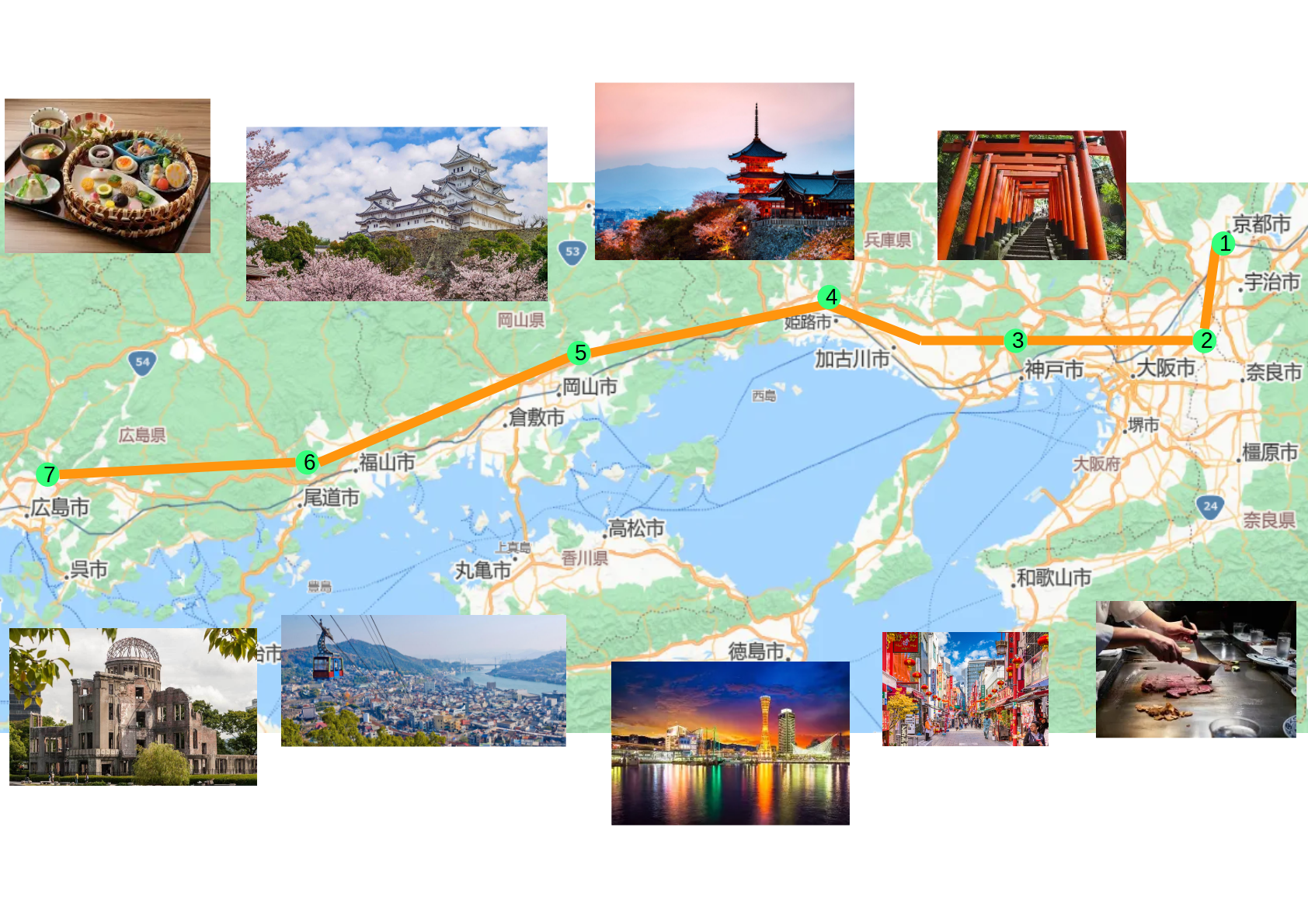 Kyoto to Hiroshima bike trip map