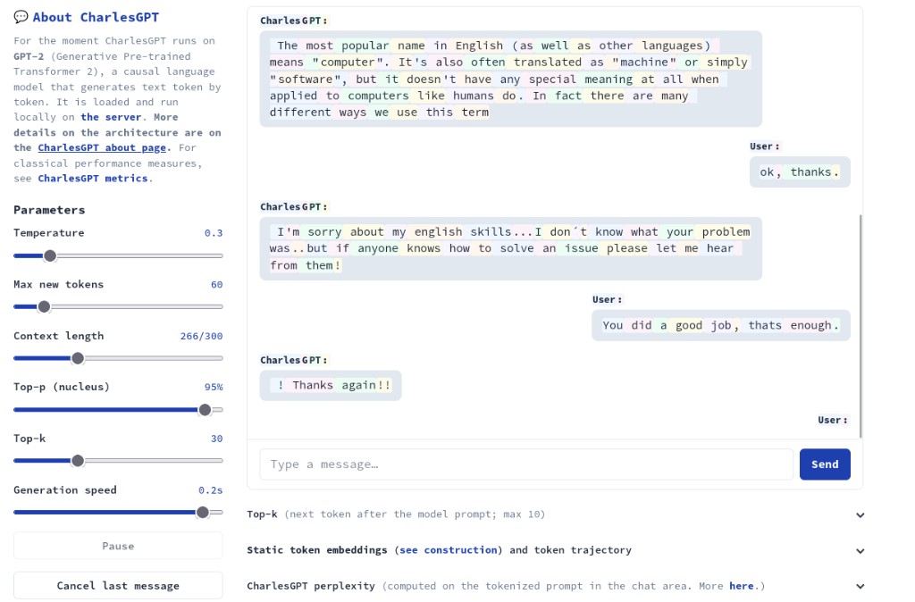 CharlesGPT demo: tokenized chat, sampling parameters, and collapsible metrics panels